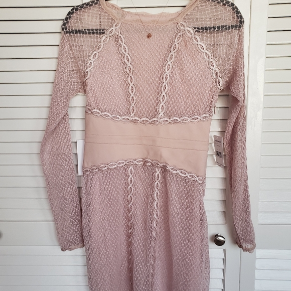 FINAL PRICE!! DONATING SOON⏰ NWT Free People Mixed Mesh Bodycon Dress Champagne - Picture 3 of 7